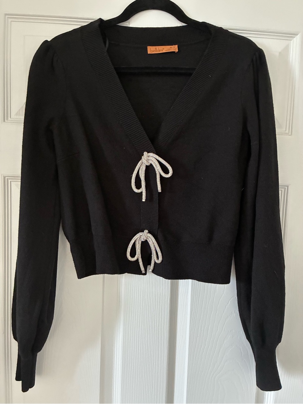 Belldini Black Cropped Cardigan with Cream Ties